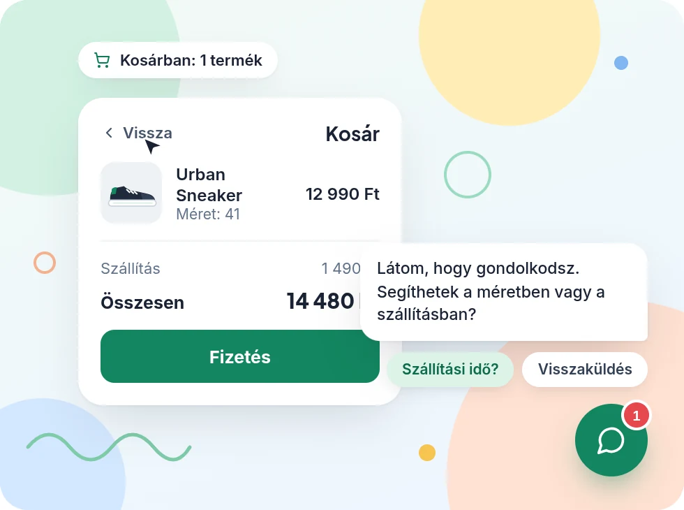 Kosár oldal egy webshopban, mellette a Zuppor üzenete a tétovázó vevőnek, szállítási idő és visszaküldés gombokkal