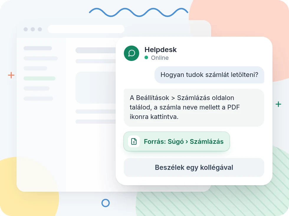 Szoftveres ügyfélszolgálati chat: a válasz alatt a forrása (Súgó, Számlázás), és egy gomb, amivel a vevő kollégát kérhet