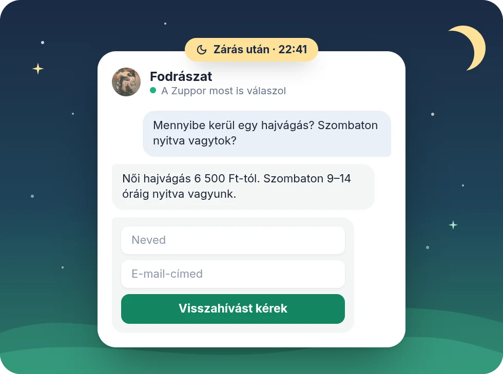 Egy fodrászat chatje zárás után: a Zuppor megválaszolja az árat és a nyitvatartást, és visszahívási űrlapot kínál